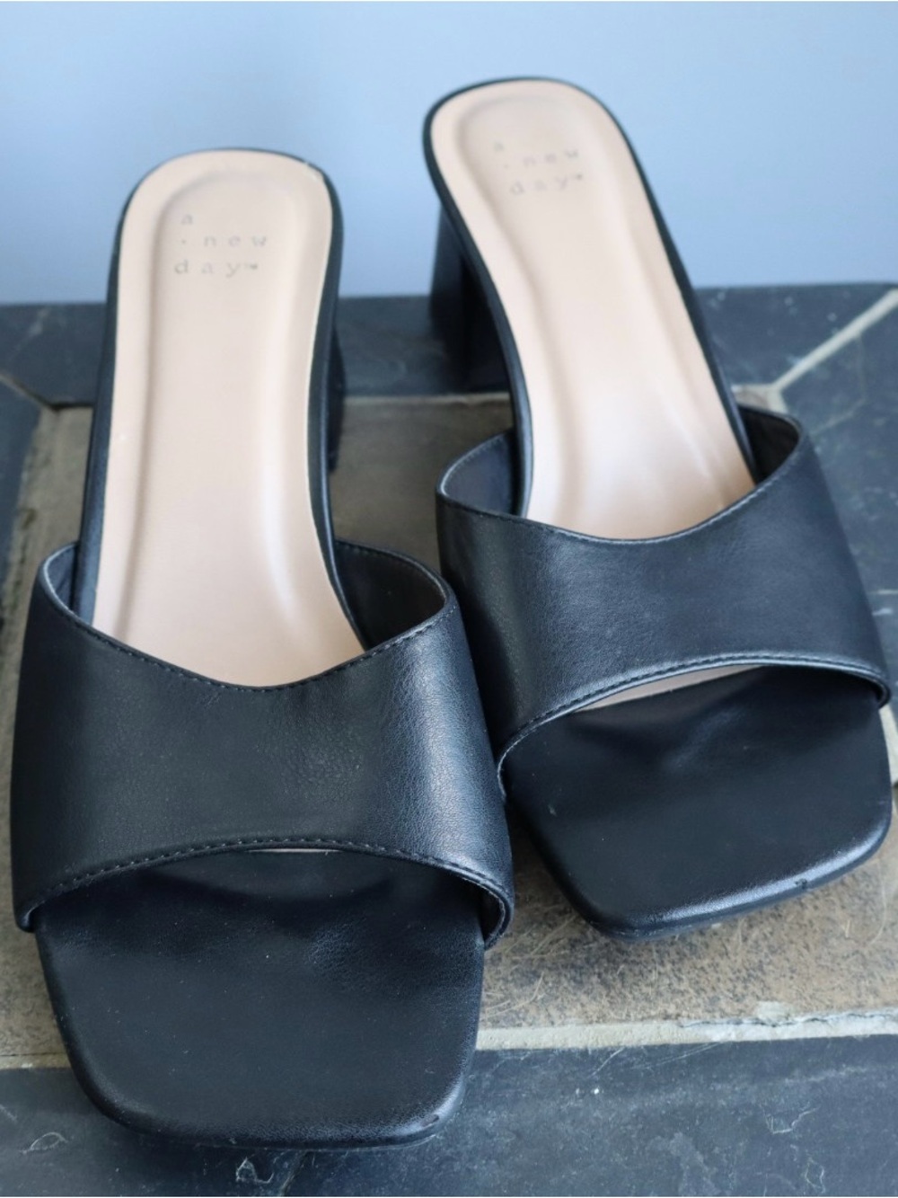 a new day Black Open Toe Block Heel Mules